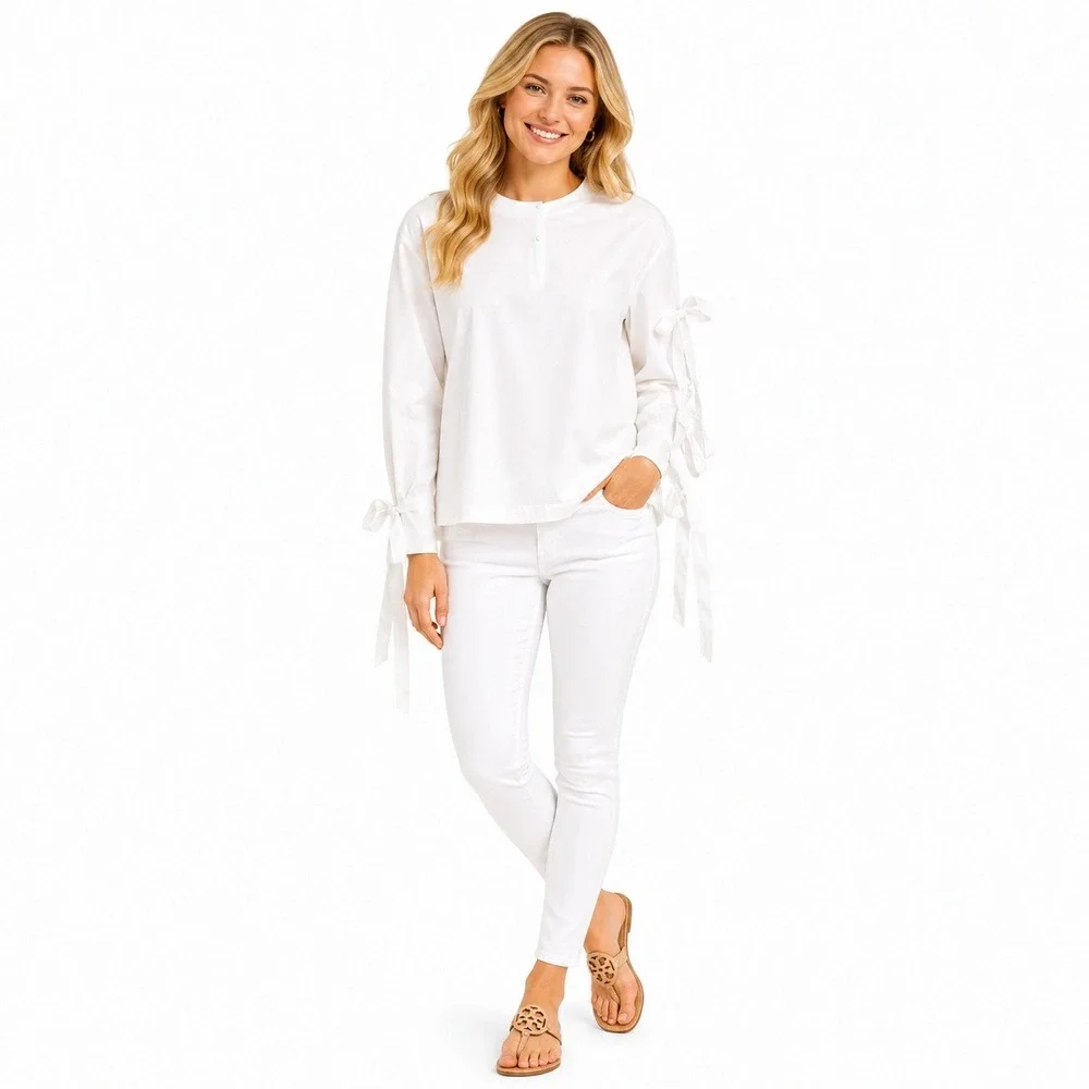 Tory Burch Top Womens XS White Mock Neck‎ Bow Sleeve Long Sleeve Cotton Shirt